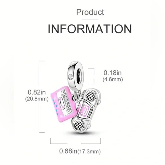 Pink & Silver Cassette Tape & Radio Dangle Charm - Picture 2 of 6